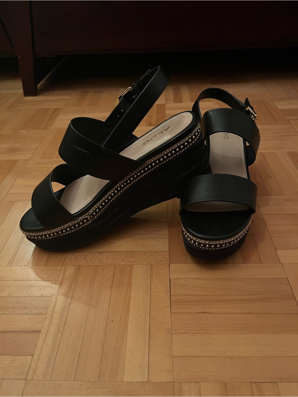 ALDO Black Wedge Sandals with Gold Bead Trim